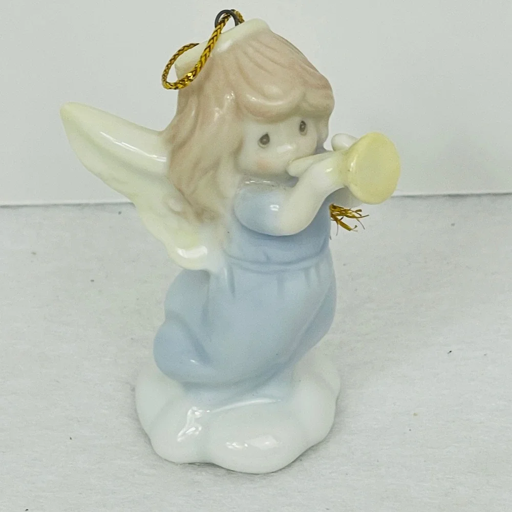 Precious Moments Angel Playing Trumpet Porcelain Christmas Ornament Blue Gown